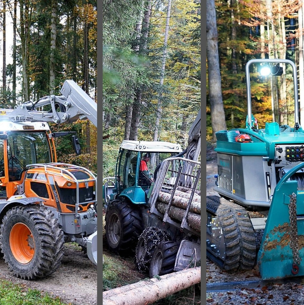Verschiedene Forstmaschinen im Einsatz im Wald, Herbstfarben im Hintergrund, Fokus auf Holzernte und -transport.