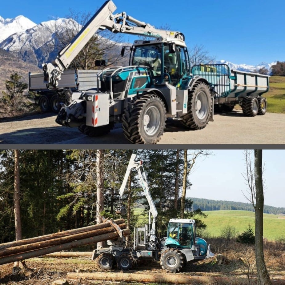 Forstmaschine beim Transport und Verladung von Baumstämmen in bergiger Landschaft und Waldgebiet.