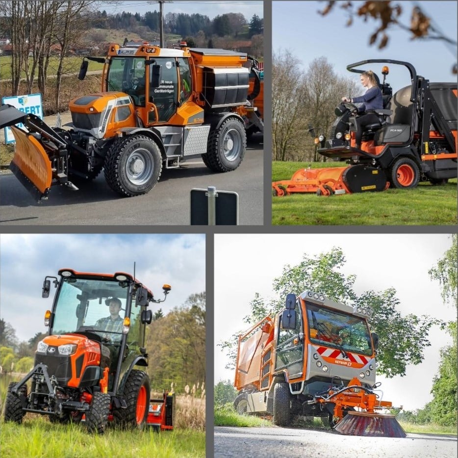 Verschiedene Arbeitsfahrzeuge: Schneepflug, Rasenmäher, Traktor und Straßenkehrmaschine in Aktion.