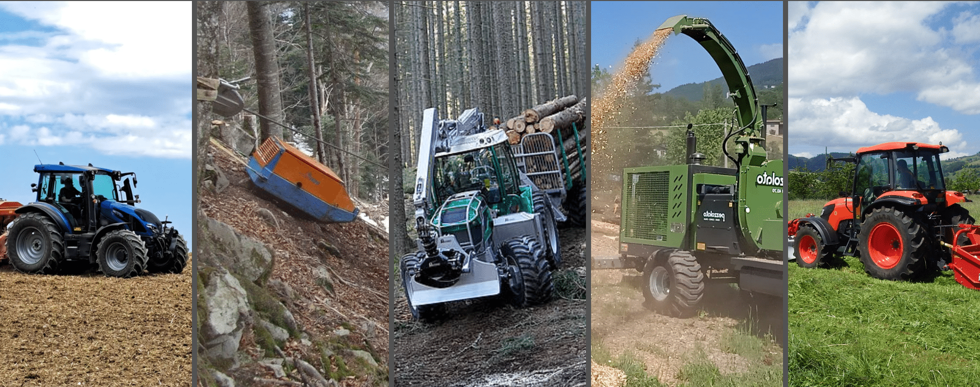 Titelbild Home Verschiedene Land- und Forstmaschinen bei der Arbeit in verschiedenen Umgebungen: Acker, Wald und Holzverarbeitung.