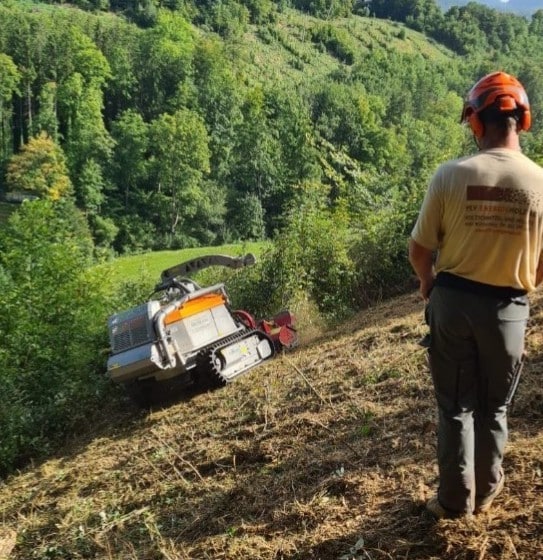 Arbeiter beobachtet ferngesteuerte Maschine bei der Landschaftspflege auf einem steilen Hügel im Grünen.