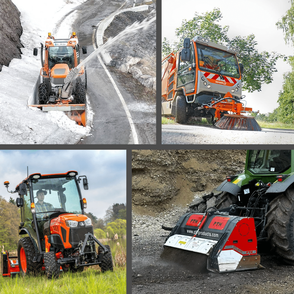 Verschiedene Arbeitsfahrzeuge: Schneepflug, Rasenmäher, Traktor und Straßenkehrmaschine in Aktion.