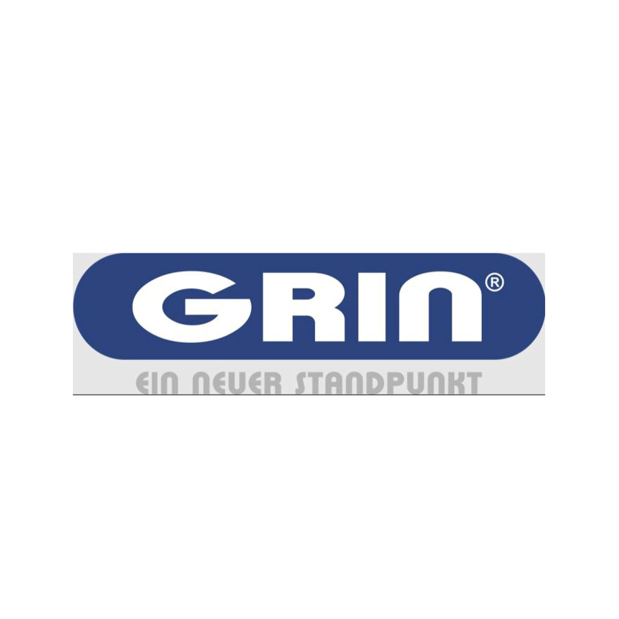 Grin Rasenmäher GRIN Logo mit Slogan Ein neuer Standpunkt auf blauem Hintergrund.